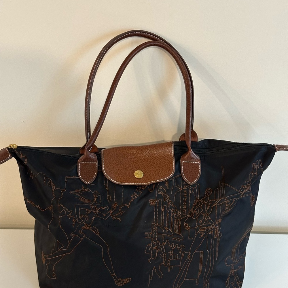 limited-edition Longchamp Le Pliage embroidered tote bag  black and brown - Picture 4 of 12